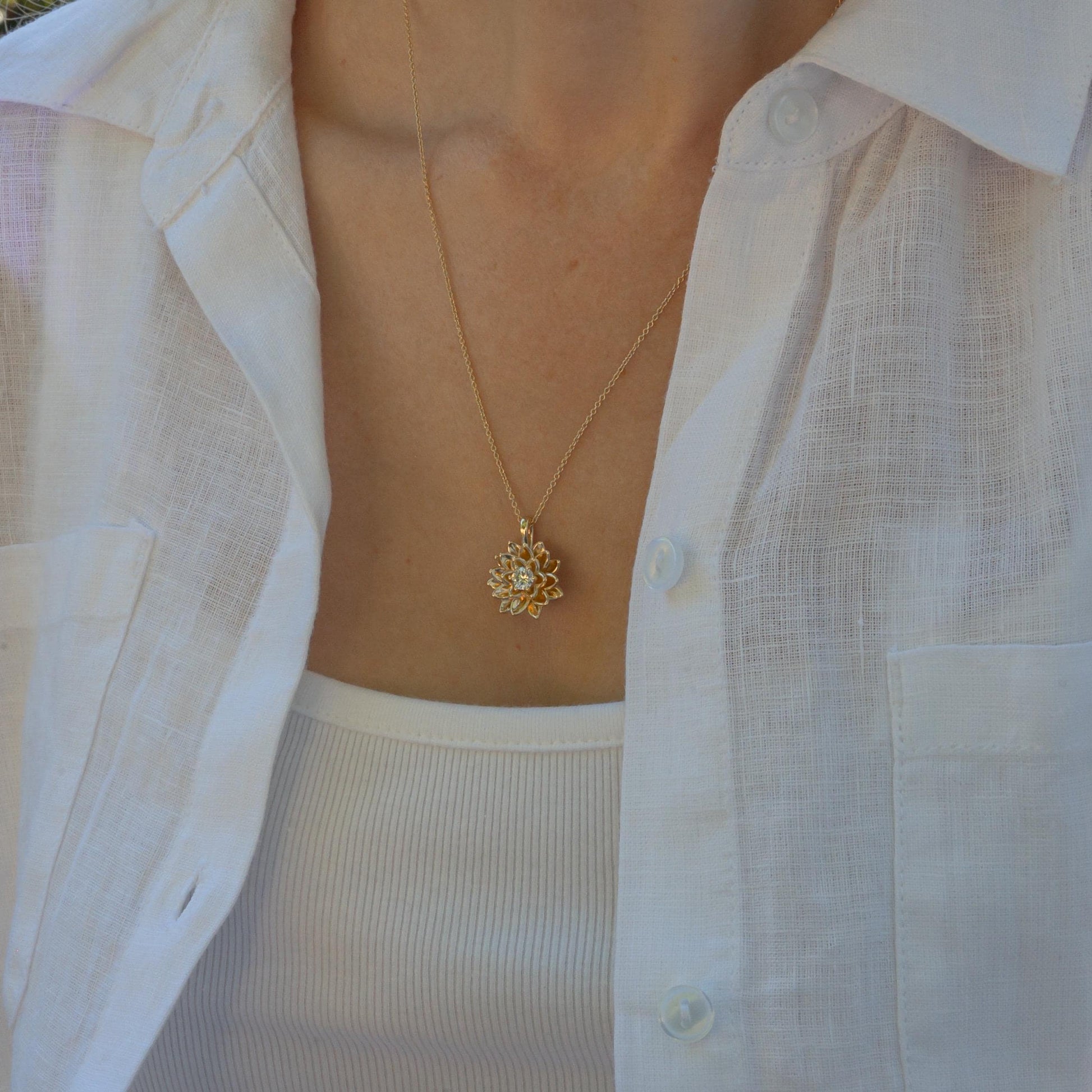 14K Solid Gold Lotus Waterlily Flower with Lab Diamond