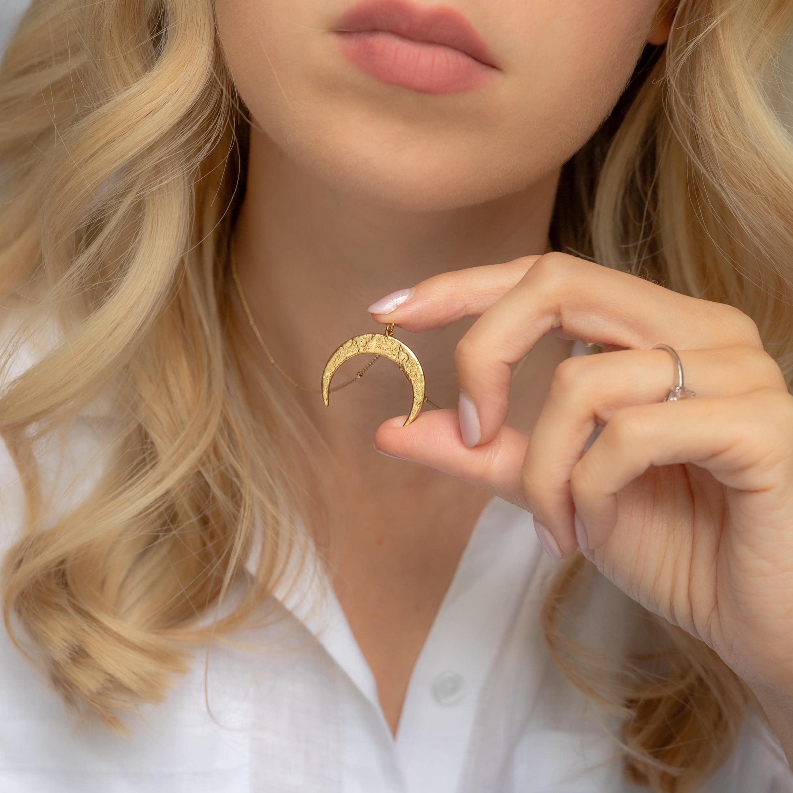 Crescent Moon Ring Holder Necklace: Sterling Silver or Vermeil