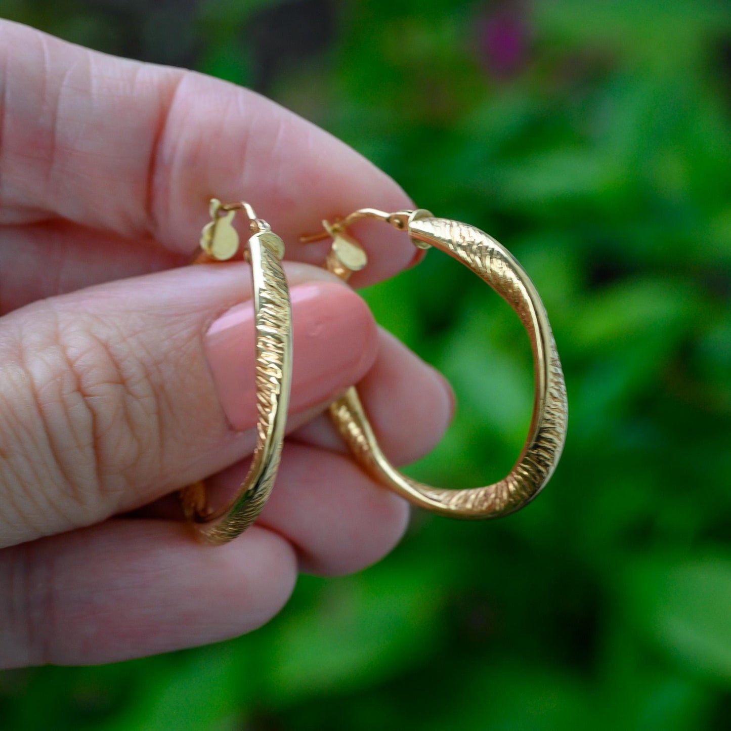 14K Gold Hoop Earrings, Organic Oval Latch Back Hoops, Lightweight Everyday Gold Earrings