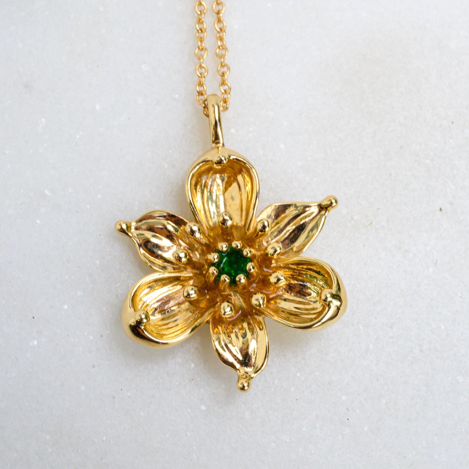 10K Solid Gold Dogwood flower pendant with Tsavorite Garnet