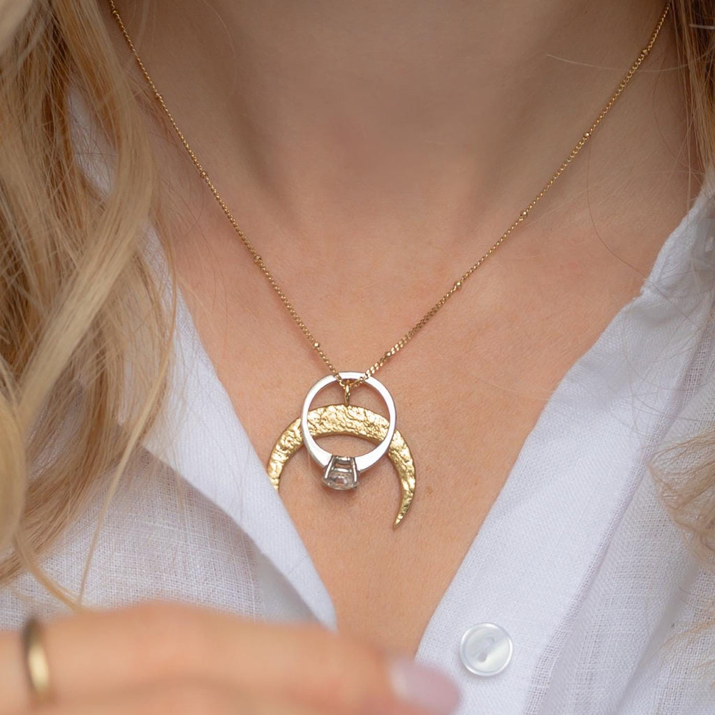 Crescent Moon Ring Holder Necklace: Sterling Silver or Vermeil