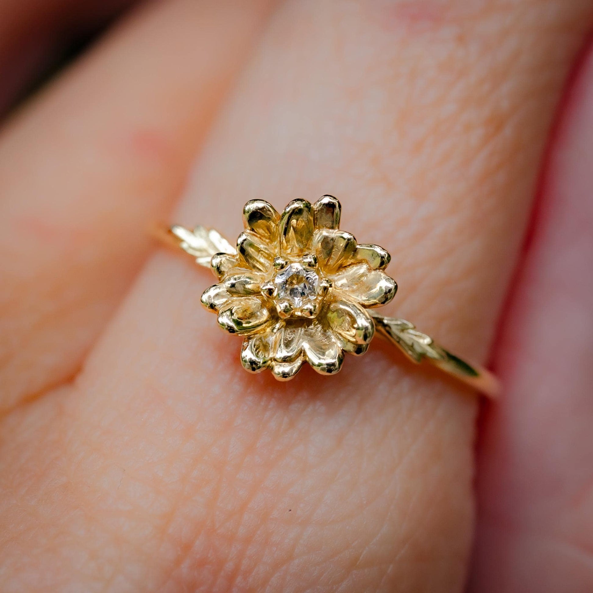 Daisy Ring: April Birth Flower, White Sapphire, Solid 9k Gold Size 6.75