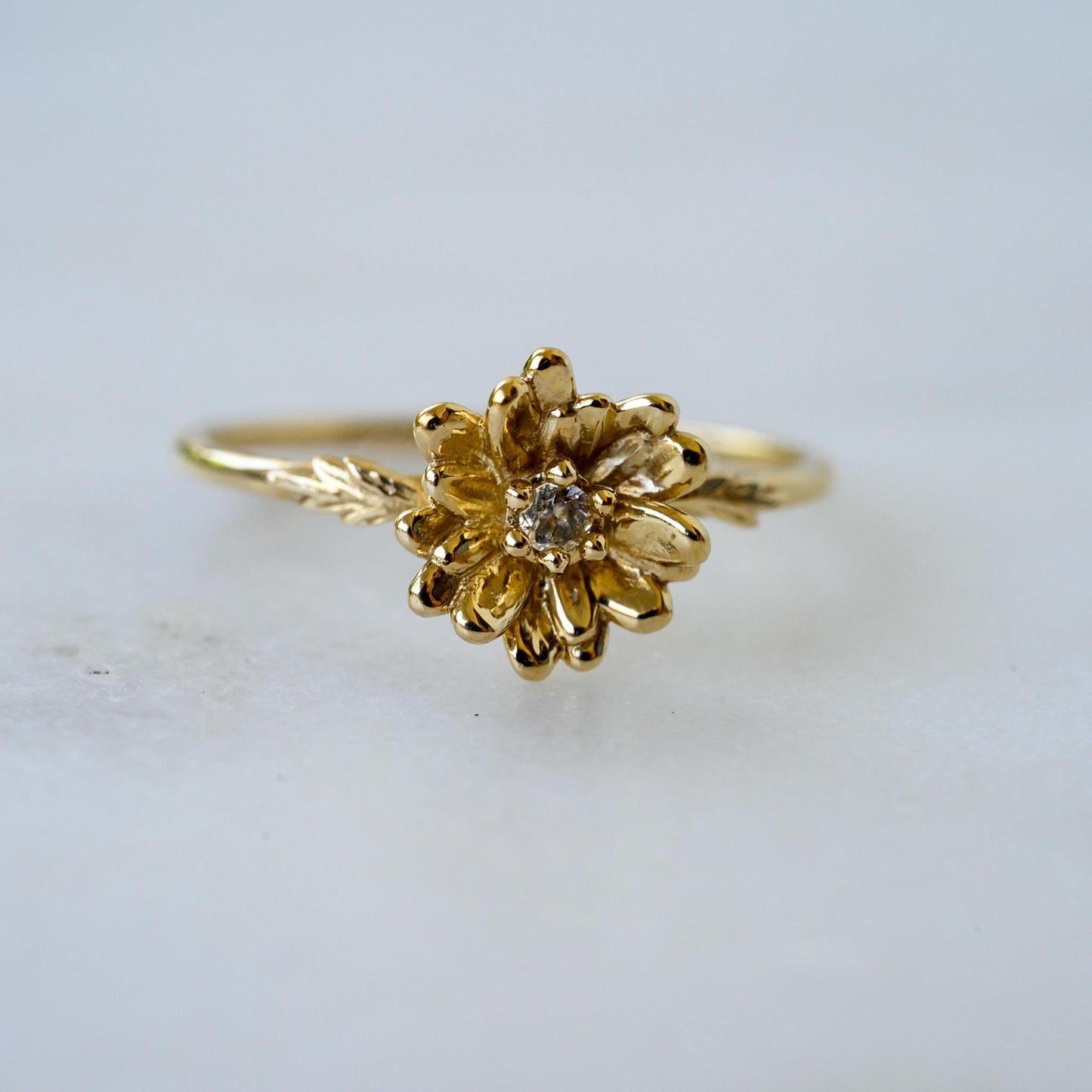 Daisy Ring: April Birth Flower, White Sapphire, Solid 9k Gold Size 6.75