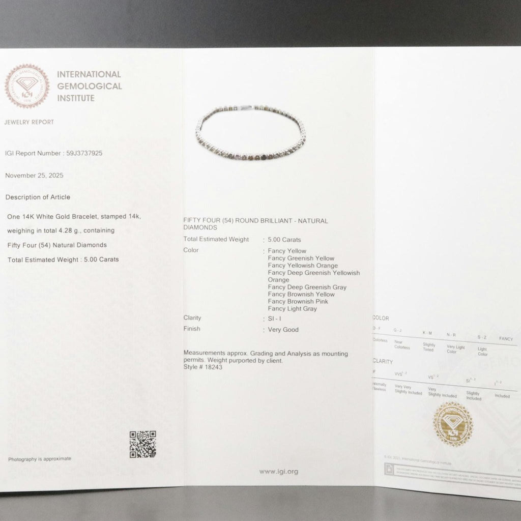 14K White Gold Natural Fancy Color Diamond Tennis Bracelet 5CTW (IGI Report)