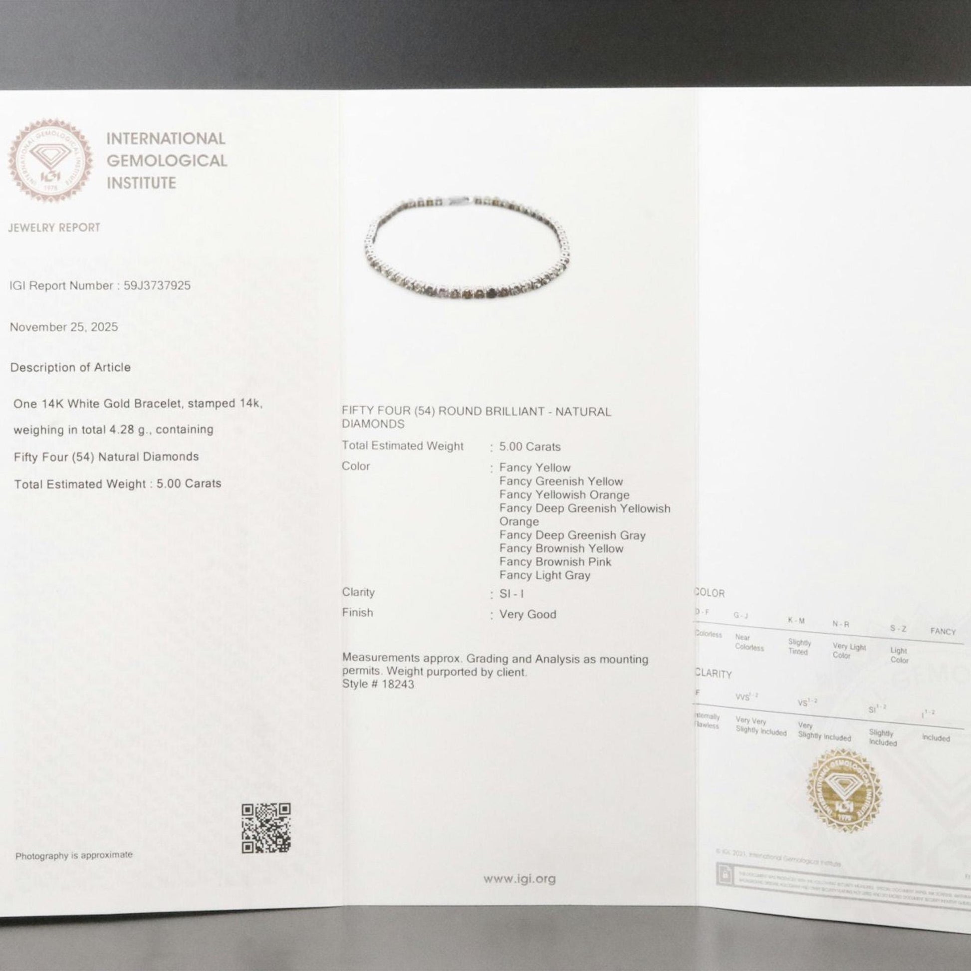 14K White Gold Natural Fancy Color Diamond Tennis Bracelet 5CTW (IGI Report)