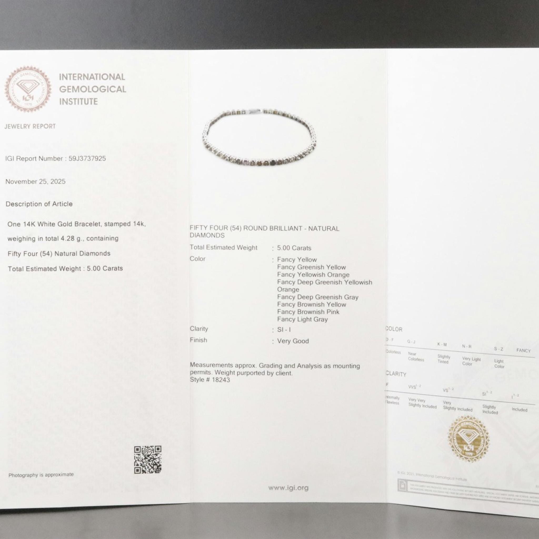 14K White Gold Natural Fancy Color Diamond Tennis Bracelet 5CTW (IGI Report)