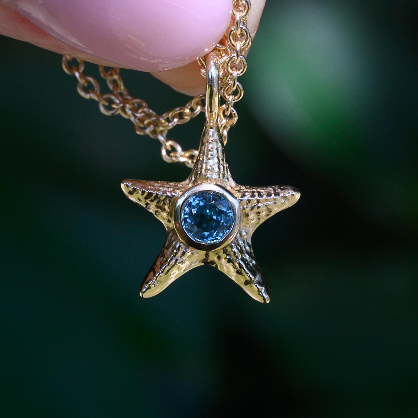 Starfish Necklace with Blue Ziron in solid gold or silver