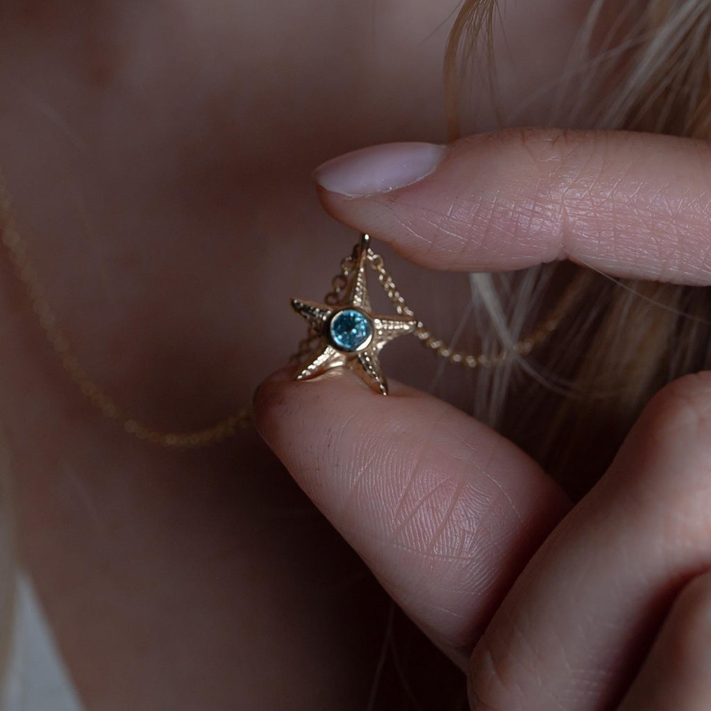 Starfish Necklace with Blue Ziron in solid gold or silver
