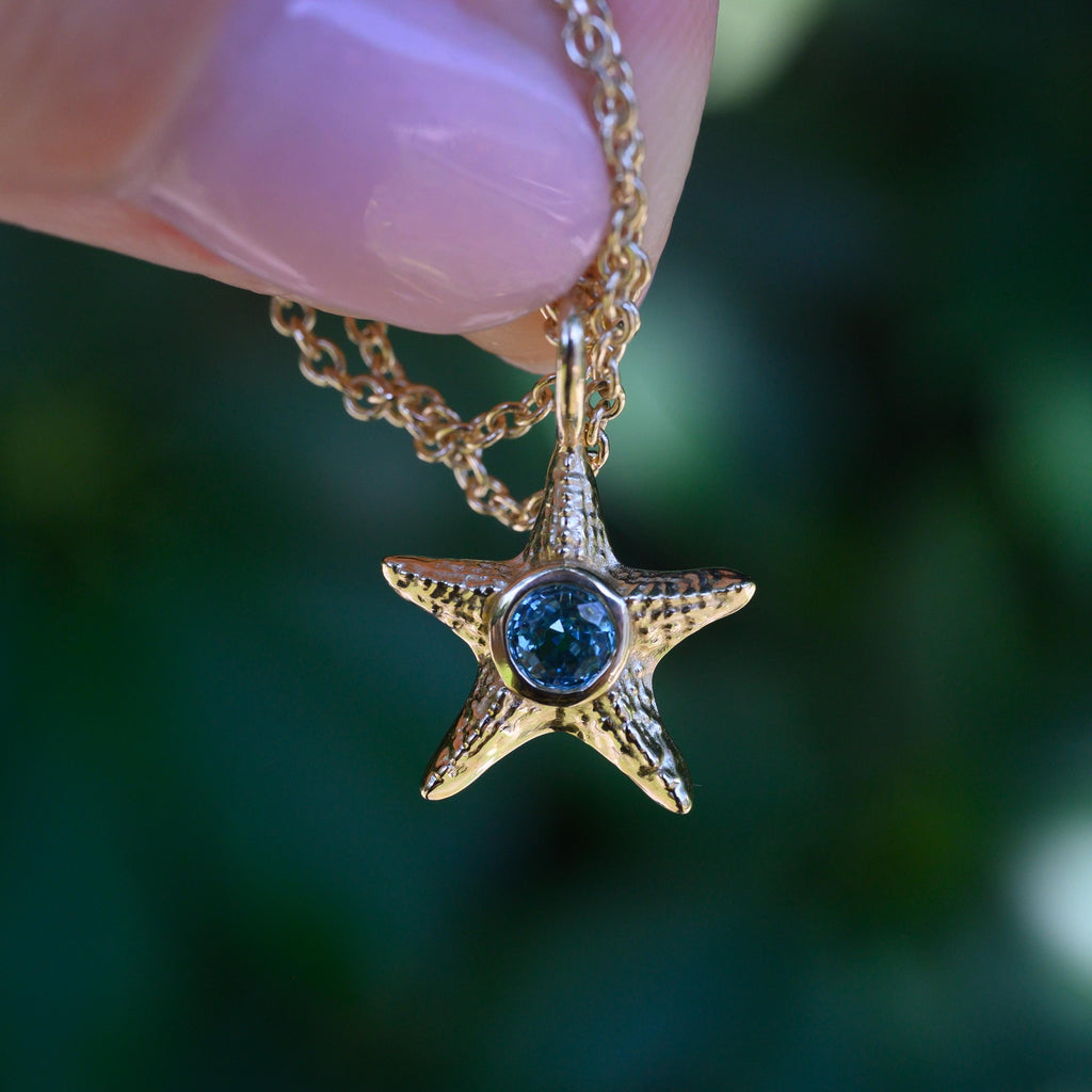 Starfish Necklace with Blue Ziron in solid gold or silver