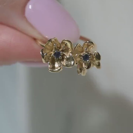Cherry Blossom Ring in Solid 14k Gold with 2mm genuine blue sapphires Size 6