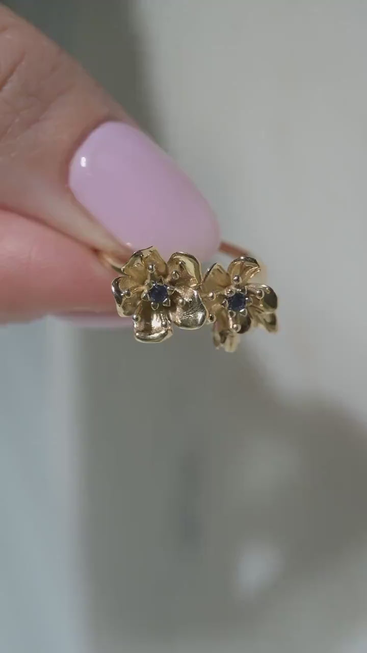 Cherry Blossom Ring in Solid 14k Gold with 2mm genuine blue sapphires Size 6
