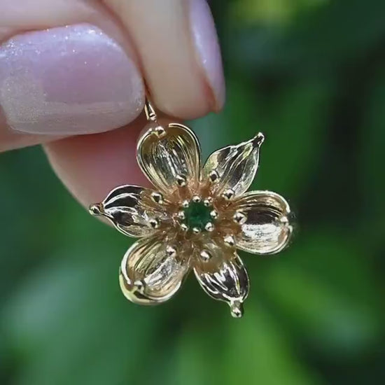 10K Solid Gold Dogwood flower pendant with Tsavorite Garnet