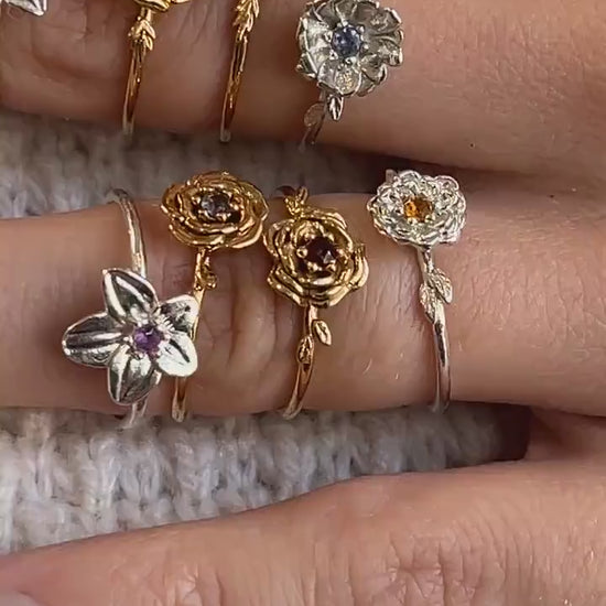 Birth flower Rings for Birth Months with Real Birthstone Gemstones