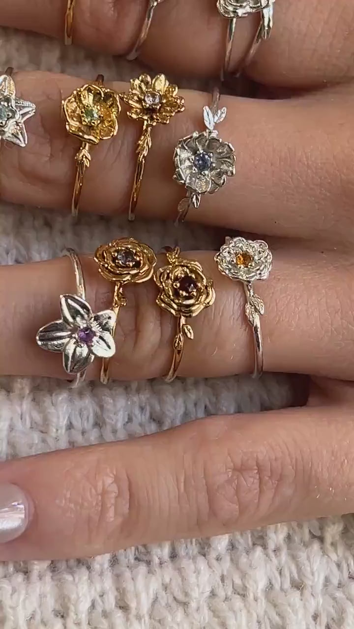 Birth flower Rings for Birth Months with Real Birthstone Gemstones