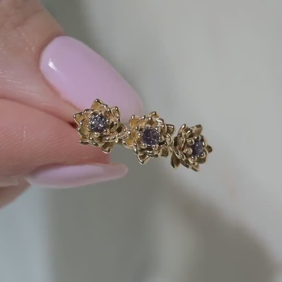 Water Lily or Lotus Flower three-stone Alexandrite Ring in Solid 14k Gold Size 6.25