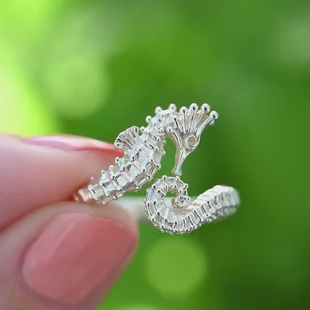 3D Seahorse Ring in 14k Extra-thick gold Plate or Solid Silver, Adjustable Realistic