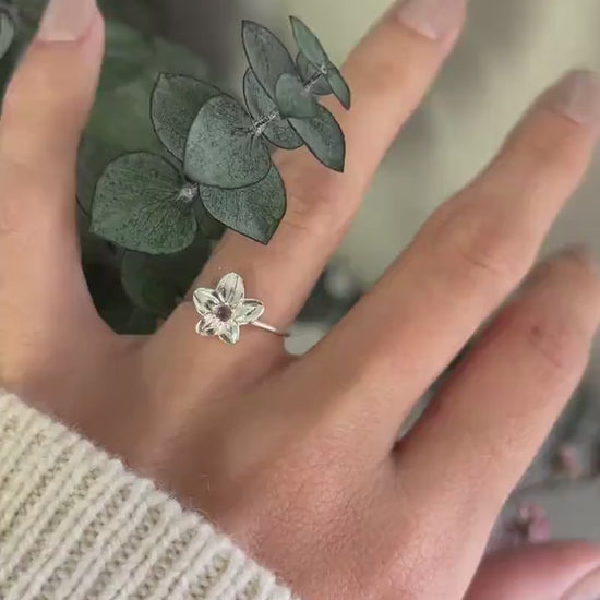 Violet Flower Ring: February Amethyst Birthstone, Sterling Silver or Gold