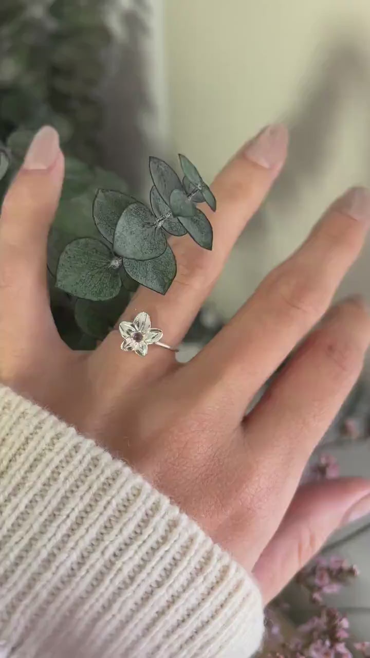 Violet Flower Ring: February Amethyst Birthstone, Sterling Silver or Gold