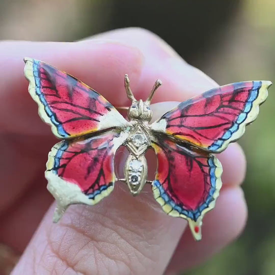 14k Vintage Gold Diamond & Enamel Butterfly Brooch