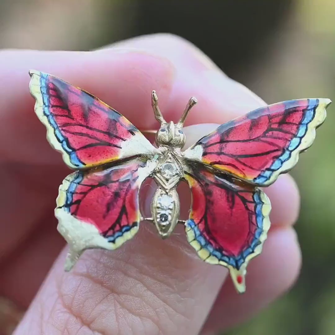 14k Vintage Gold Diamond & Enamel Butterfly Brooch