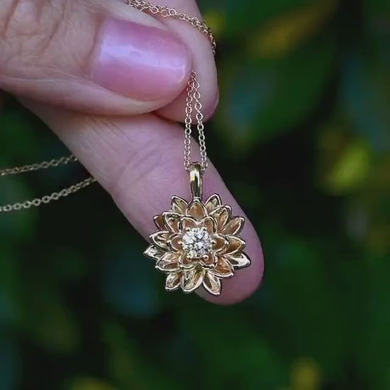 14K Solid Gold Lotus Waterlily Flower with Lab Diamond