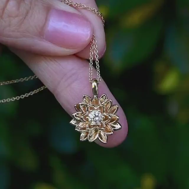 14K Solid Gold Lotus Waterlily Flower with Lab Diamond