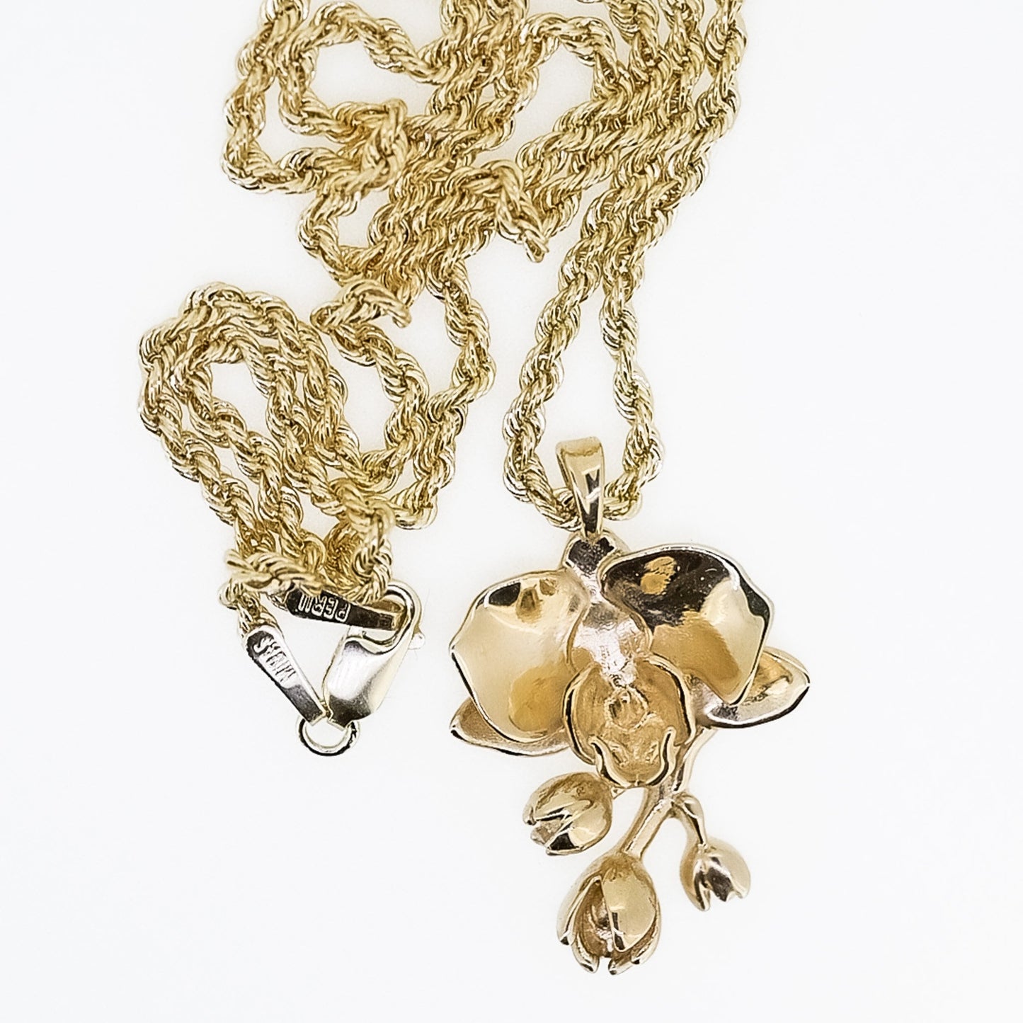 Orchid Flower Pendant in Solid Gold with Solid Gold Wheat Chain