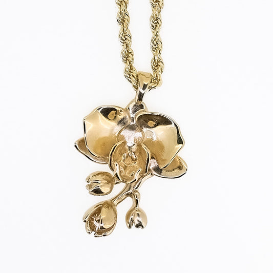 Orchid Flower Pendant in Solid Gold with Solid Gold Wheat Chain