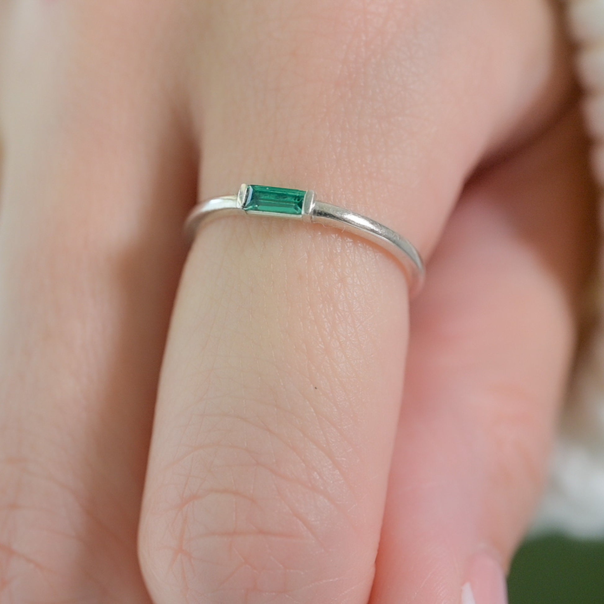 Emerald Stacking Ring in Sterling Silver with a Lab Made Emerald