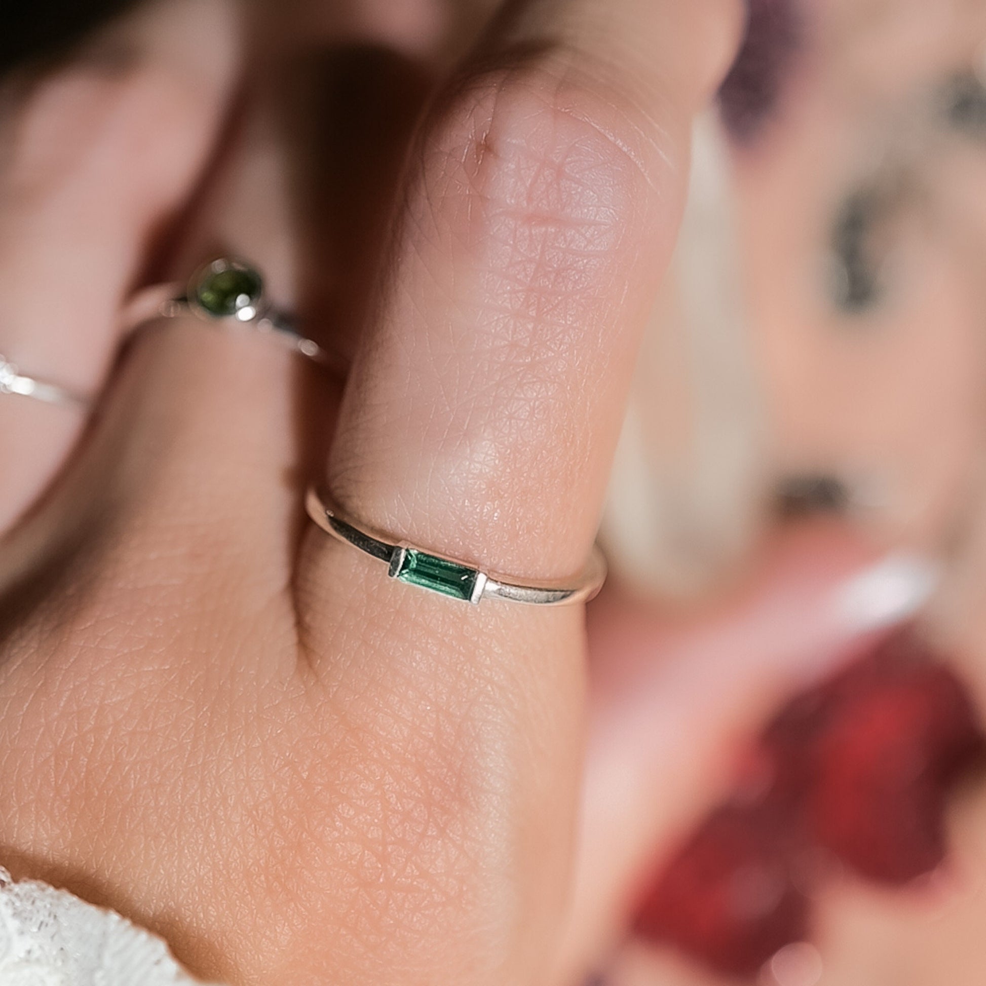Emerald Stacking Ring in Sterling Silver with a Lab Made Emerald