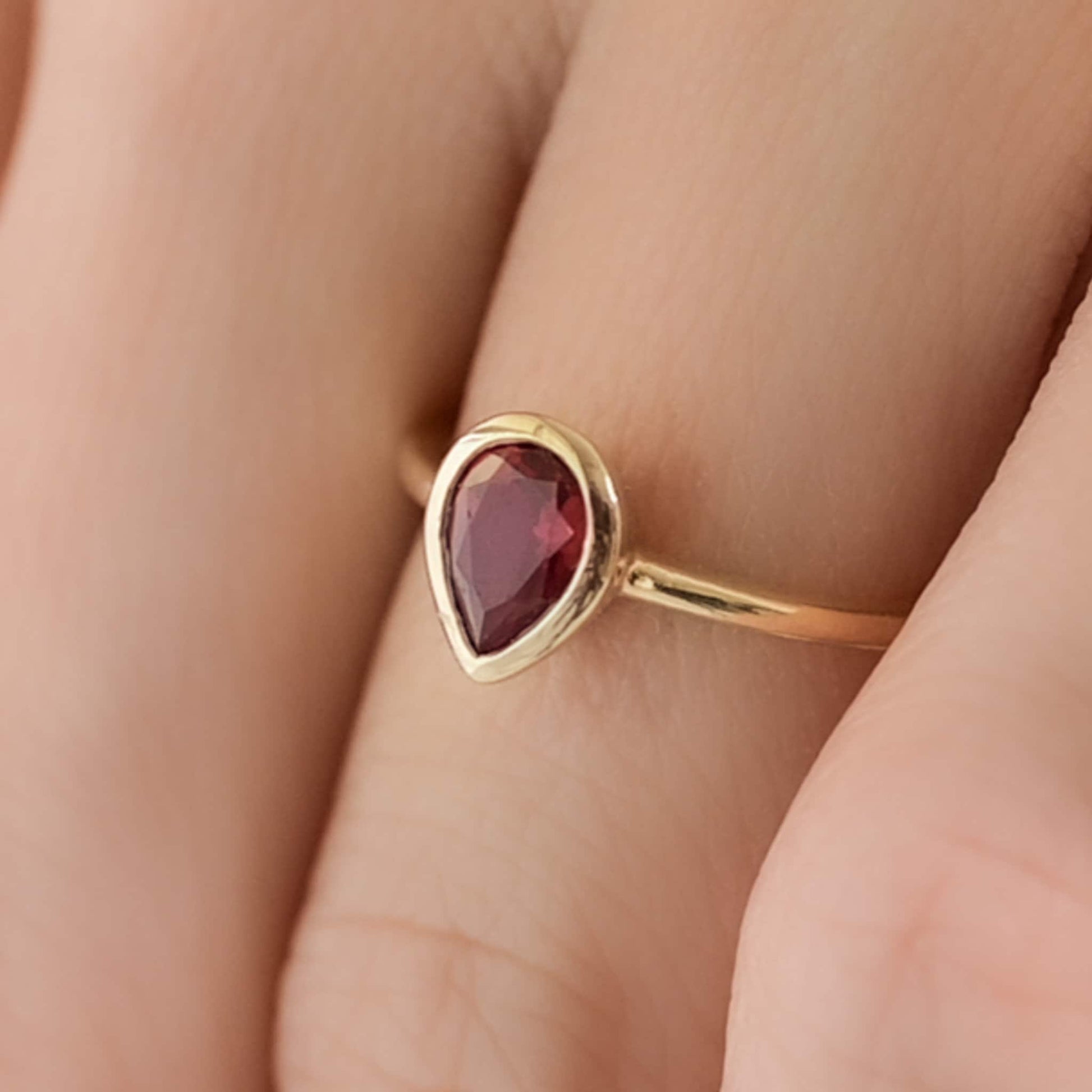 Ruby Pear Shaped Bezel Set Engagement or Statement Ring in Solid Gold