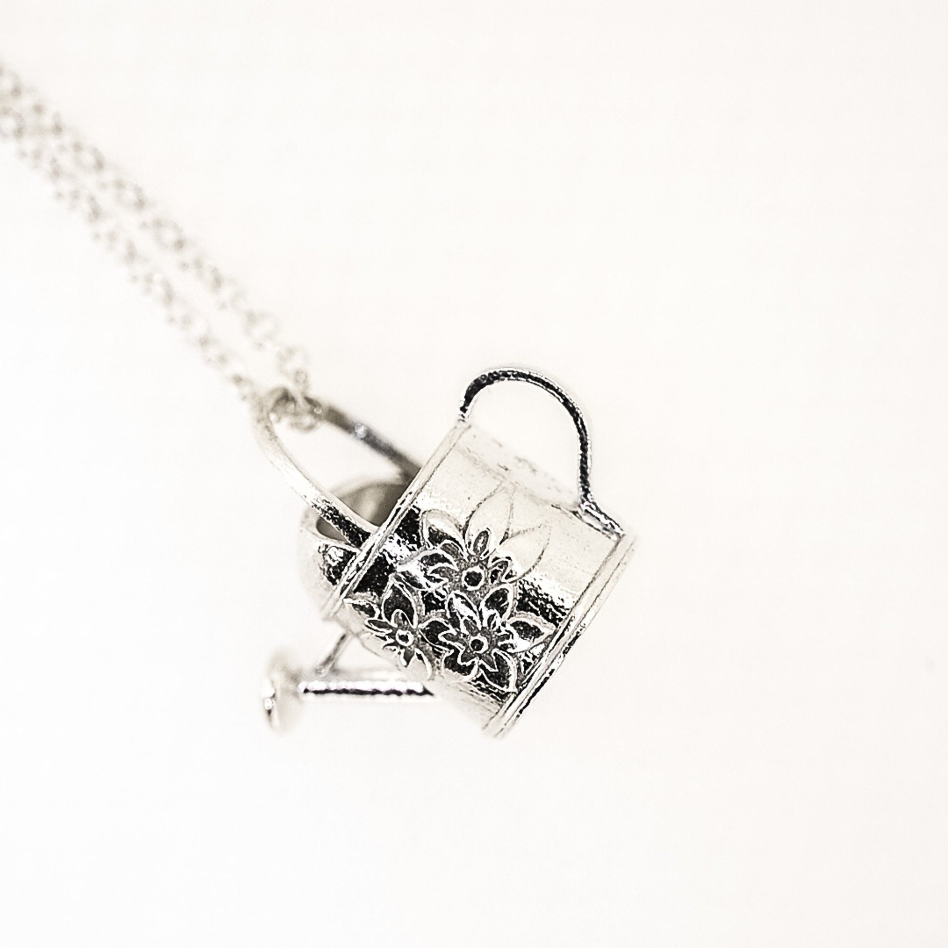 Watering Can, with flowers, old-fashioned vintage inspired gardener's necklace in solid silver
