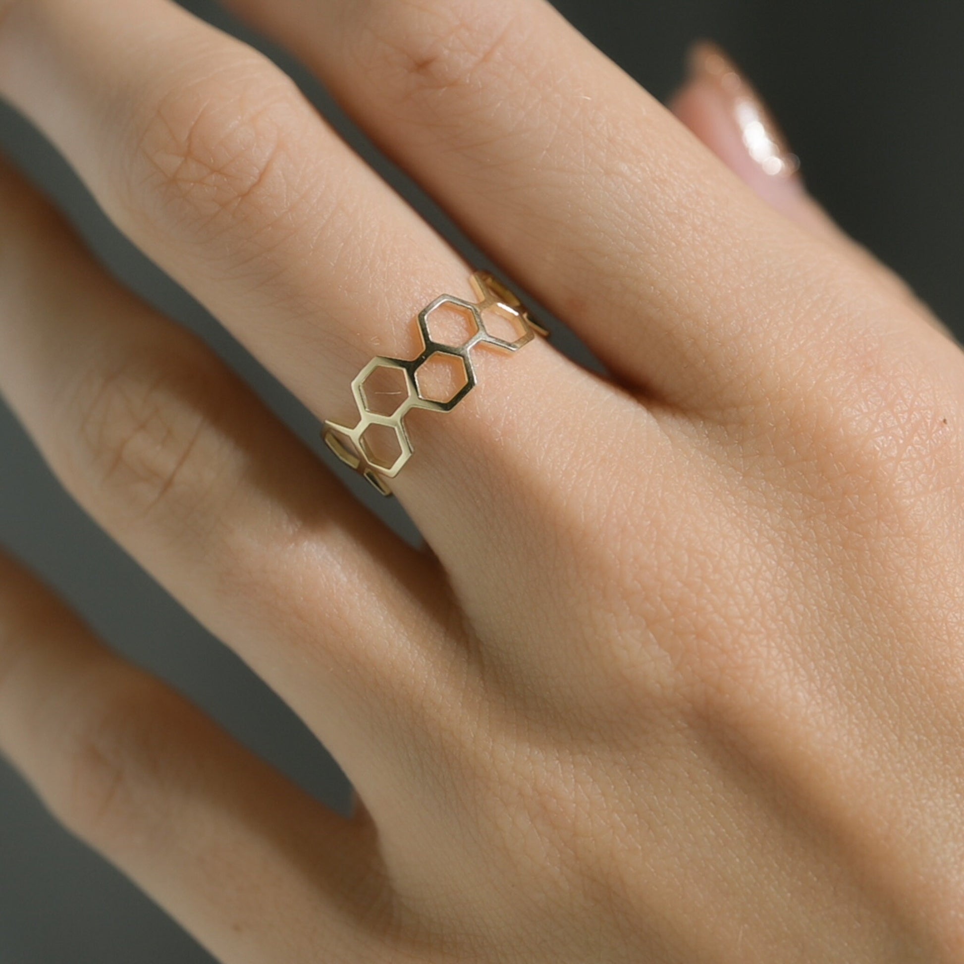 Honey Comb Hexagon Ring in Solid Gold, Solid Silver, Vermeil, and 14K Gold Plate