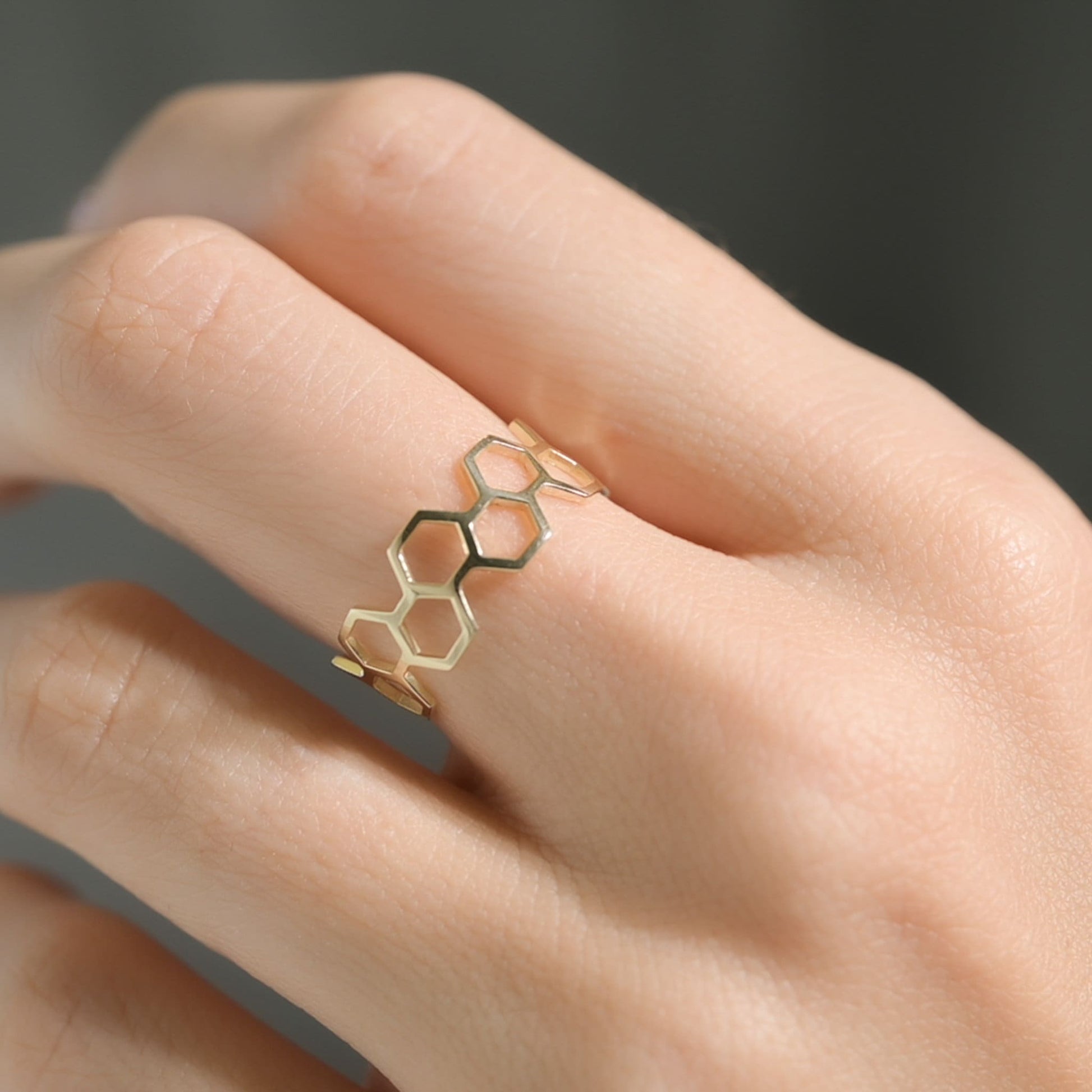 Honey Comb Hexagon Ring in Solid Gold, Solid Silver, Vermeil, and 14K Gold Plate
