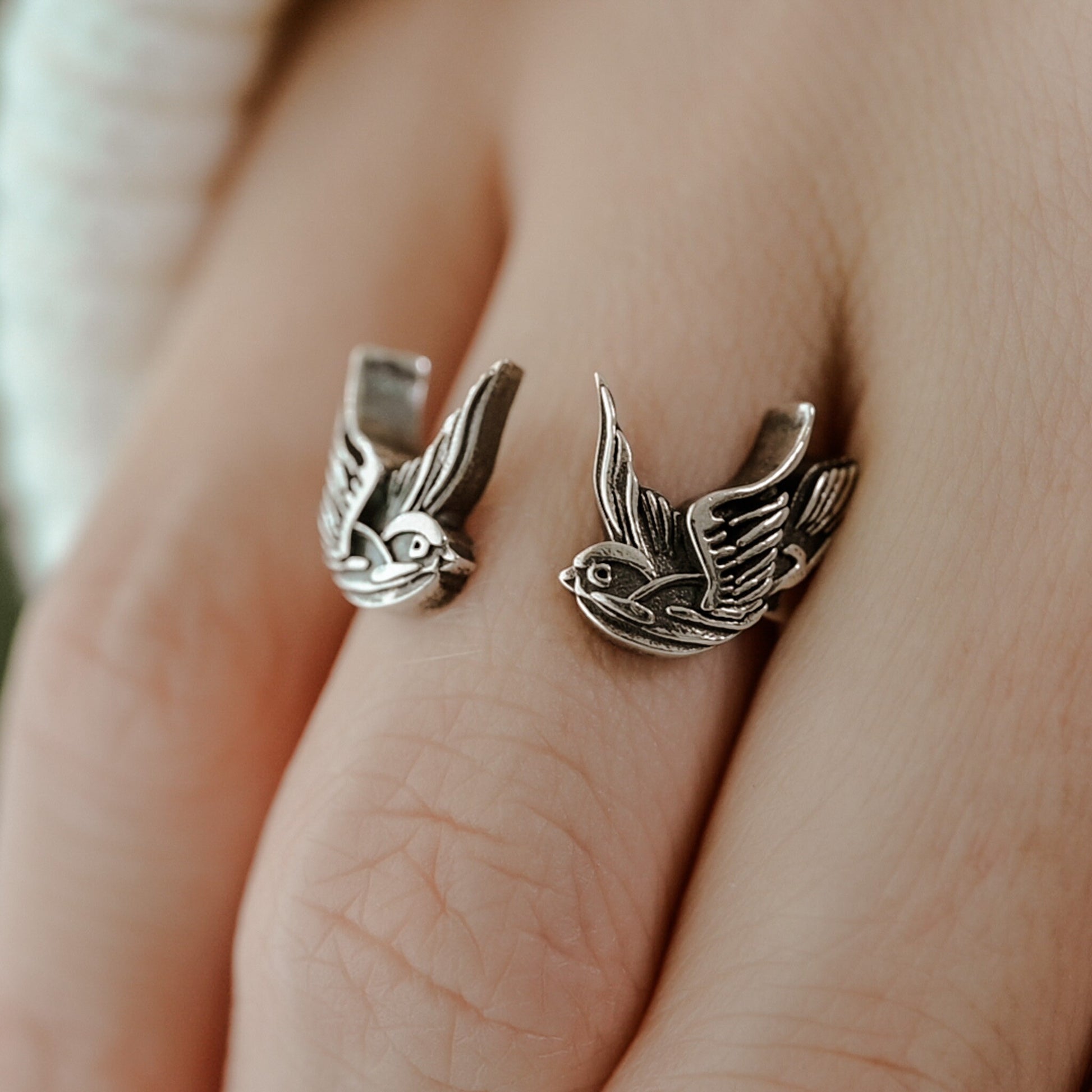Swallow Ring Adjustable 14k Solid Gold, Rose Gold, and Solid Antiqued Silver