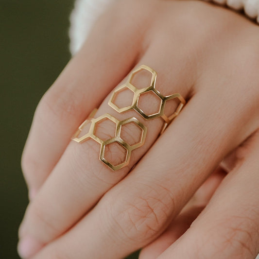 Hexagon Honey Comb Ring Adjustable Ring in Solid Gold