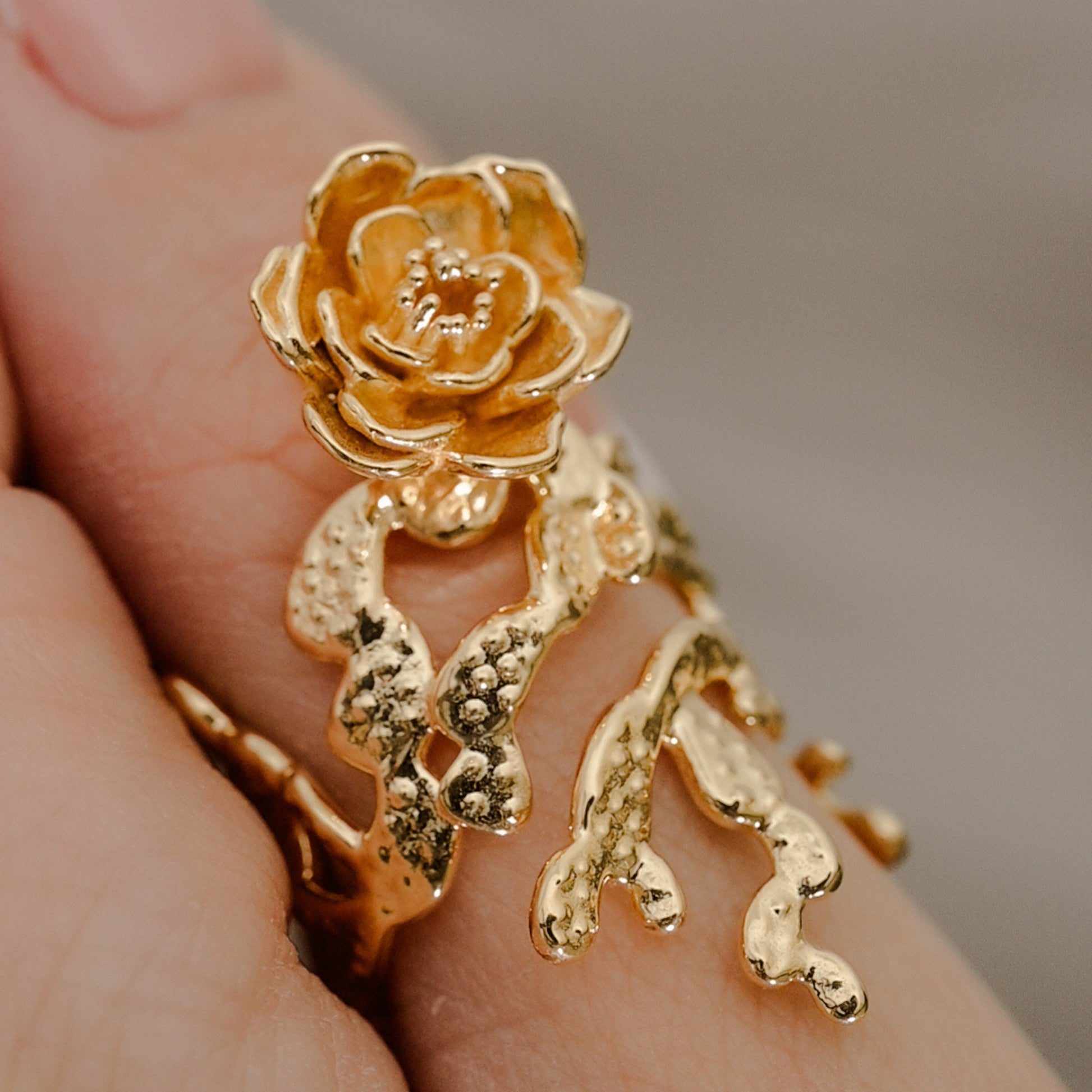 Cactus Rose Adjustable Ring 3D printed in 14K Yellow Gold, 14k White Gold, 14K Rose Gold