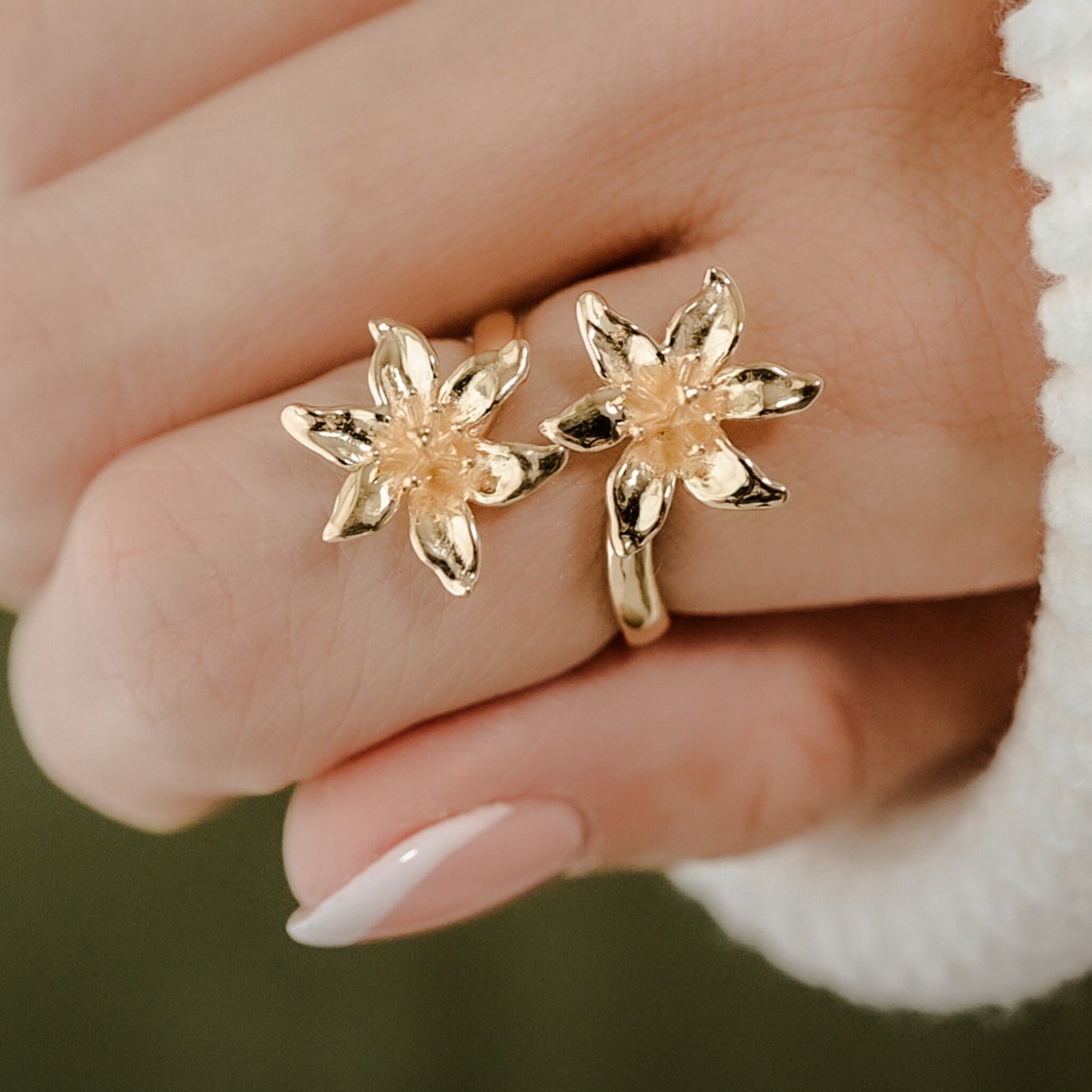 Lily Flower Ring, Adjustable Statment Ring in 14k Yellow Gold, 14k White Gold, 14k Rose Gold