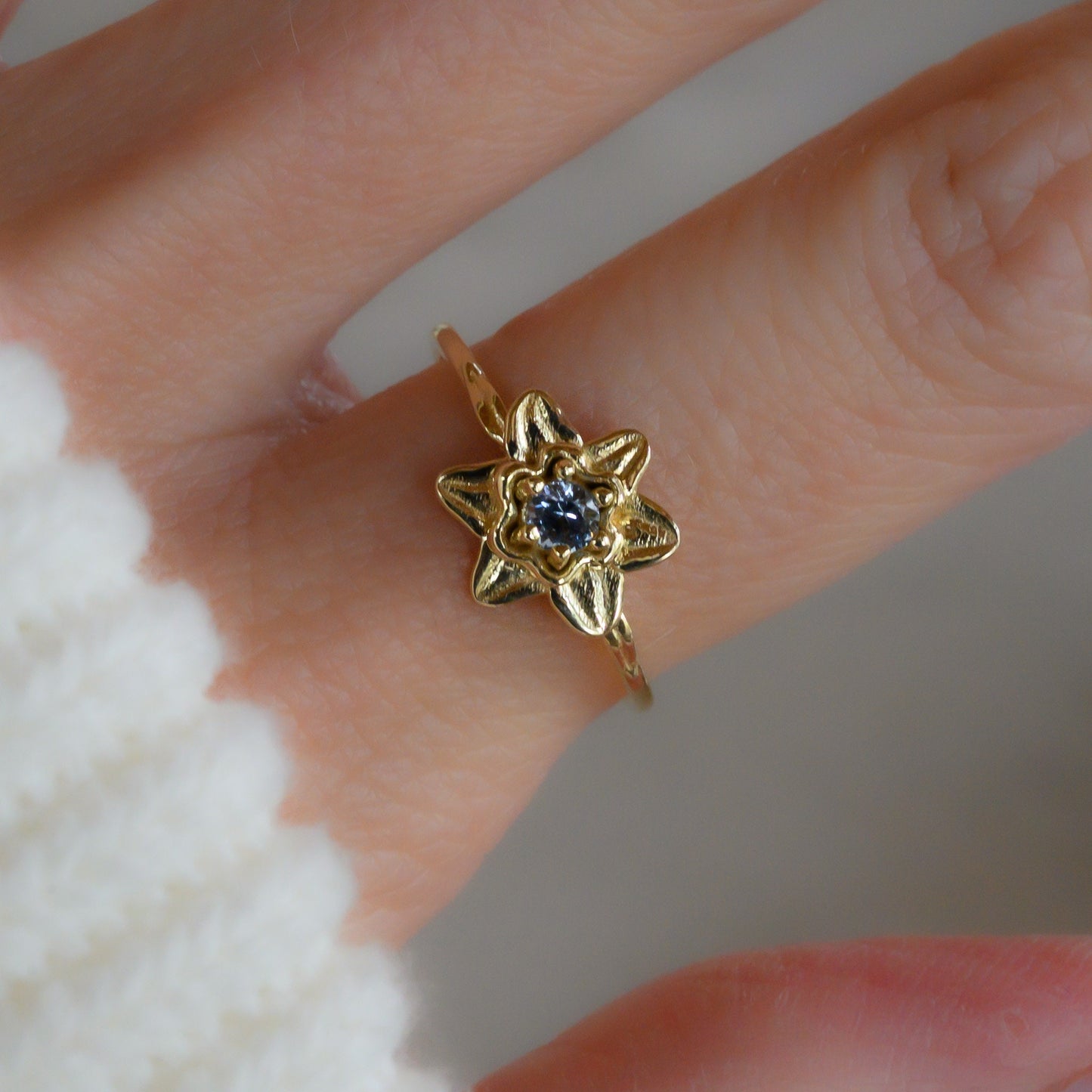 Gift of March Birth Month: Aquamarine Daffodil Ring for New Beginnings, Solid Gold or Silver